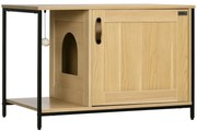 PawHut Casă Toaletă pentru Pisici, cu ușă de intrare laterală și minge suspendată, Oțel Negru și Lemn, 80 x 48 x 55 cm | Aosom Romania