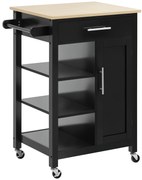 HOMCOM Dulap de Bucătărie cu Roți Dulap de Servire de Stil Contemporan - Ușă, sertar, 3 rafturi - mânere metal Blat Lemn de Hevea Negru | Aosom Romania