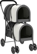 PawHut Cărucior Dublu pentru Câini și Pisici Pliabil cu 2 Transportine Detașabile cu Centură și Perne 66x50x98cm Gri Închis | Aosom Romania