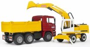 Camion Bruder MAN TGA cu excavator Liebherr, 1:16,73 x 18,5 x 23 cm