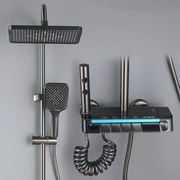 Coloană de duș termostat, afișaj digital, lumină LED ambientală, 4 funcții, butoane ca de pian, cap duș dreptunghiular, efect de ploaie, montare pe perete, 6003