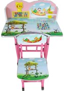 Birou copii din MDF cu jucarii interactive Novokids™ My first desk, dimensiuni 68X43X65, cadru metalic, masuta copii, Roz cu verde