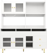 Dulap înalt pentru sufragerie, cu uși cu geam perforat, decor auriu și spațiu mare de depozitare pe mai multe niveluri, 145x39x171 cm, Alb