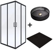 Set cabina dus neagra cu usa culisanta 90x90 cm, cadita dus compozit Deante, plus lavoar rotund sticla neagra