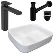 Pachet lavoar pe blat Rea Demi Slim alb 51 cm, baterie lavoar Hansgrohe Vernis Shape 190 negru si ventil lavoar Click-Clack negru