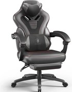 RESIGILAT- DOWINX Scaun gaming, ergonomic, suport lombar cu masaj, Șezut cu Arcuri Metalice și Spumă, Spătar înalt, rabatabil 90°-145°, Buzunar depozitare, Suport picioare, rezistent 150 kg, material PU respirabil, Negru/Gri
