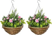 Outsunny Set 2 Ghivece de Agățat cu Plante Artificiale Lisianthus, Suport din Răchită și Bază de Ciment, Ф25x34cm | Aosom Romania