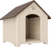 PawHut Căsuță pentru Câini de Exterior, Talie Mare și XL, Adăpost din Plastic Impermeabil cu Bază Ridicată, Ferestre și Acoperiș Înclinat pentru Grădină, Terasă, Curte, 102x94x103 cm, Bej | Aosom Romania