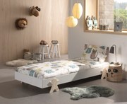 Pat stivuibil pentru copii MODULO, din MDF și pin masiv, cu somieră cu lamele inclusă și picioare solide tip smiley – Vipack
