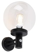 Lampă de perete de exterior neagră cu abajur transparent, cu detector de mișcare - Sfera