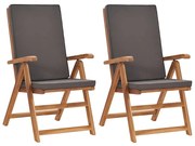 vidaXL Scaune de grădină rabatabile, perne, 2 buc, gri, lemn masiv tec