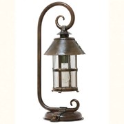 Stalp piedestral iluminat exterior design medieval cu felinar rotund si acoperis nituit, din fier forjat, inaltime 60cm, AL 6535