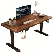 Birou reglabil în înălțime, două motoare electrice ridicare, suport caști, suport pahar, 140x60 cm, Nuc