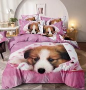 Lenjerie de Pat cu Elastic, Imprimeu 3D, 4 Piese, Bumbac Finet, pentru pat 1 Persoana, Pink Dog