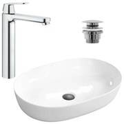 Pachet lavoar pe blat Rea Cleo alb 61 cm, baterie lavoar Grohe Eurosmart Cosmopolitan XL crom si ventil lavoar Click-Clack crom