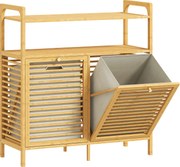 HOMCOM Mobilier pentru Rufe de Baie cu 2 Compartimente Basculante, 82L, Suport pentru Rufe Murdare din Bambus cu Coșuri Detașabile și Lavabile și 2 Rafturi, pentru Spălătorie și Baie, 82x33x88 cm, Culoare Lemn | Aosom Romania