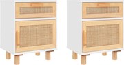 vidaXL Noptiere, 2 buc., alb, lemn masiv de pin și ratan natural