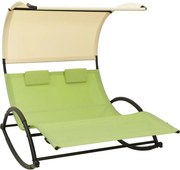 vidaXL Șezlong de plajă dublu cu baldachin, verde și crem, textilenă