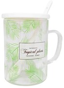 Cana din Sticla cu Capac si lingurita ceramica, TROPICAL, 350 ML