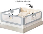 Set 3 bariere protectie pat culisante XXL + STABILIZATOR pentru pat 180x200 cm Kidizi Funny Bear Grey, certificare EN71, inaltime ajustabila 72-100 cm