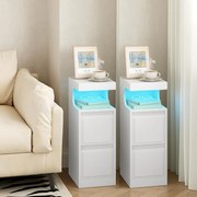NOA79 - Set 2 Noptiere, 24 cm, foarte inguste, cu LED, 2 Sertare si Raft - Alb