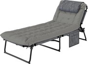 Outsunny Sezlong pliabil cu spatar inclinabil pe 4 nivele, Scaun de plaja pentru exterior cu perna, buzunar lateral,tetiera, Gri