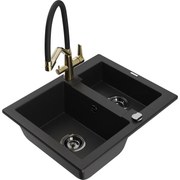 Mexen Carlos chiuvetă de bucătărie din granit 1,5 boluri cu robinet de bucătărie Duo, negru - 6518-77-671701-57-B