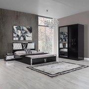 Set Mobila De Dormitor Luis Negru, pat 160x200cm,  dulap 150x208cm, noptiere