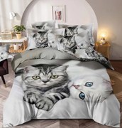 Set Lenjerie de Pat 3D din Finet Superior, 6 Piese, Pat 2 Persoane, Pisoi Alb Gri