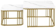 Set de 2 măsuțe pătrate din marmură lucioasă, măsuțe suprapozabile cu picioare aurii, 70×70×45 cm și 50×50×36,5 cm, Alb