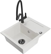 Mexen Enzo chiuvetă de granit cu un compartiment, cu picurător și baterie de bucătărie Duo, Albă - 6506-20-671701-70-B
