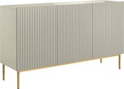 Comodă Nicole 150 cm cu trei uși, fronturi riflate - casmir / picioare aurii