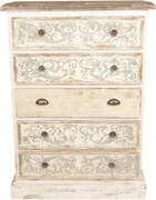 Comodă înaltă vintage, shabby chic, din lemn, alb, cu 5 sertare, blat natur și decor în relief, 120 x 85 x 36 cm, „Benevola”
