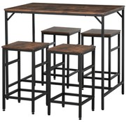 HOMCOM Masă Bar cu 4 Taburete, Stil Industrial, Picioare Antialunecare, Ideal pentru Bucătărie și bar, Maro, 100x60x88 cm | Aosom Romania