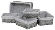 Set coșuri de răchită cu țesătură buline gri, 5 buc., 5 dimensiuni, 48 x 18 x 37 cm