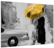 Tablou pe sticlă - Cuplu în dragoste sub o umbrelă, galben (70x50 cm)