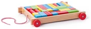 Cărucior din lemn Woody, cu cuburi, 34 piese