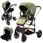 Carucior 3 in 1 reversibil si pliabil cu geanta inclusa si scoica auto, 0-36 luni, Verde - CPC-60-verde