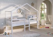Pat Casă Înălțat Forrest Beech 90x200 cm, pentru Camera Copii, din Lemn de Fag Lăcuit Alb, cu Scară și Set Textil – Vipack