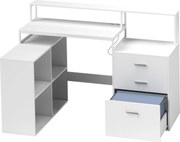 HOMCOM Birou în Formă de L cu Prize de Curent, Sertar și Suport pentru Monitor, 138,5x90x92 cm, Alb | Aosom Romania