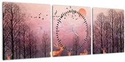 Tablou - Căprioare în strălucirea apusului de soare (cu ceas) (90x30 cm)