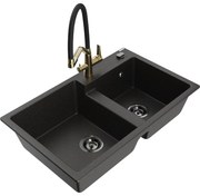 Mexen Tomas chiuvetă de bucătărie din granit cu 2 compartimente și baterie Duo, negru/auriu metalic - 6516-75-671701-57-B