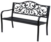 Outsunny Banca pentru exterior din fonta si metal, banca pentru gradina 2 locuri cu spatar inalt decorat, 127x60x89cm, negru