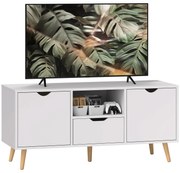 HOMCOM Mobilier TV de 50" cu Sertar, Raft Deschis și 2 Dulapuri, Mobilier TV cu 5 Picioare din Lemn, 110x40x50 cm, Alb | Aosom Romania