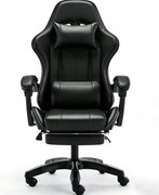 Scaun gaming, Masaj în perna lombară, Rabatabil 90-145°, Suport picioare, piele PU, Negru