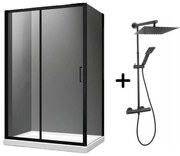 Set cabina dus neagra cu usa culisanta 100x80 cm plus coloana de dus cu baterie termostata