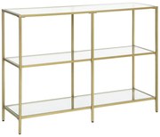 Masa consola din sticla securizata, Masa canapea cu 3 rafturi 100 x 73 x 30 cm, auriu