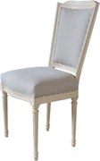 Scaun dining tapițat clasic shabby chic din lemn de fag și stofă, alb, cu picioare canelate și ținte decorative, 99 x 44 x 53 cm, „Paris”