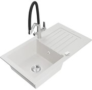 Mexen Pablo chiuvetă de granit cu 1 compartiment cu scurgător și baterie de bucătărie Duo, alb - 6510-20-671701-07