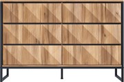 Bufet cu 6 sertare, cadru metalic negru și fronturi de sertare geometrice, 120x40x80 cm, Culoare naturală